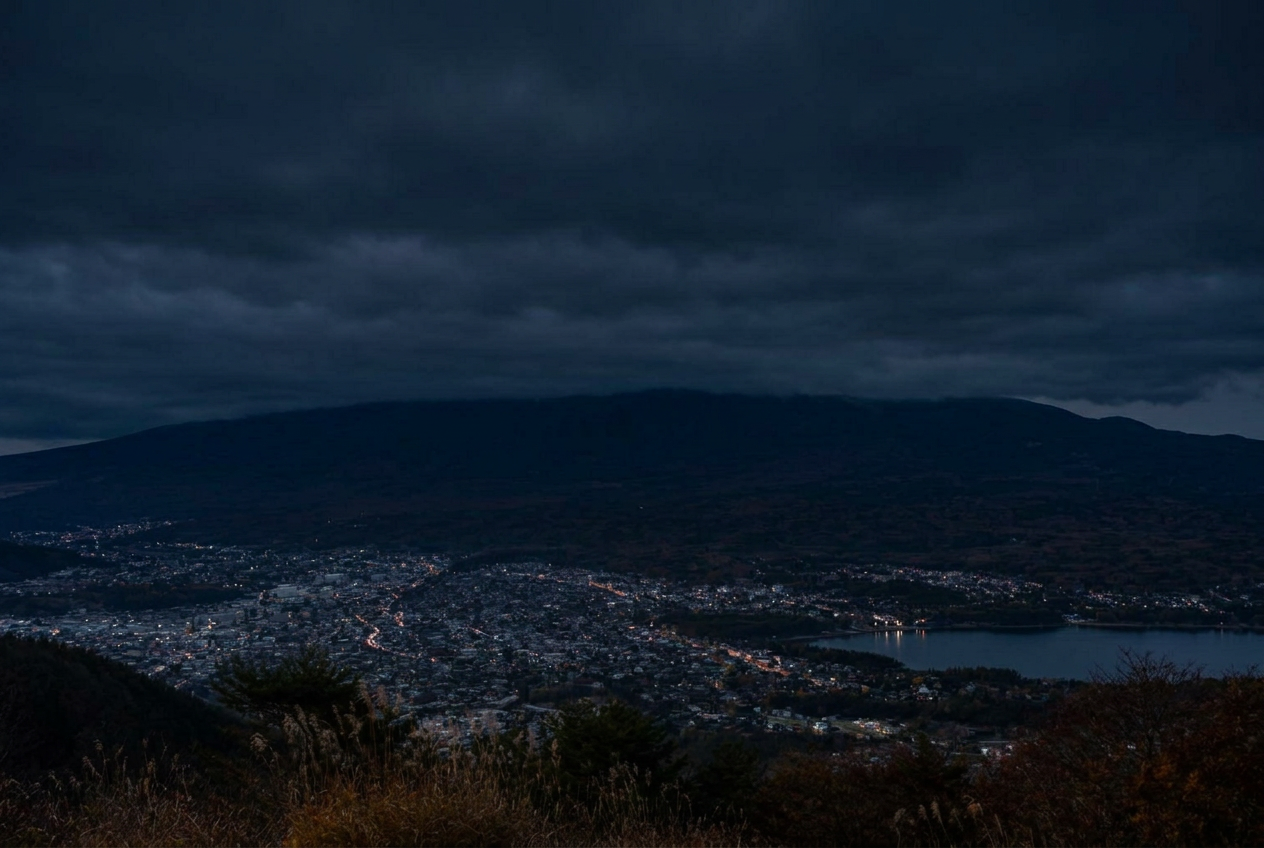 Mount Fuji hidden behind night cloud seen from Kawaguchiko