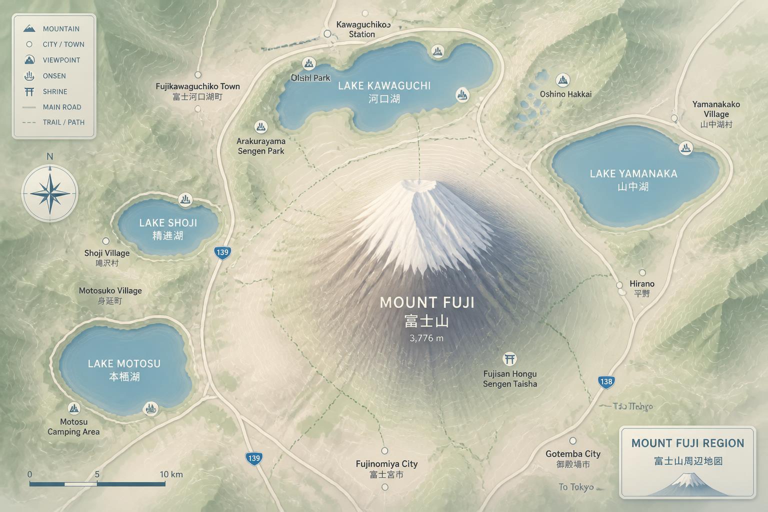 Stylised map of the Mount Fuji region with lakes and viewpoints