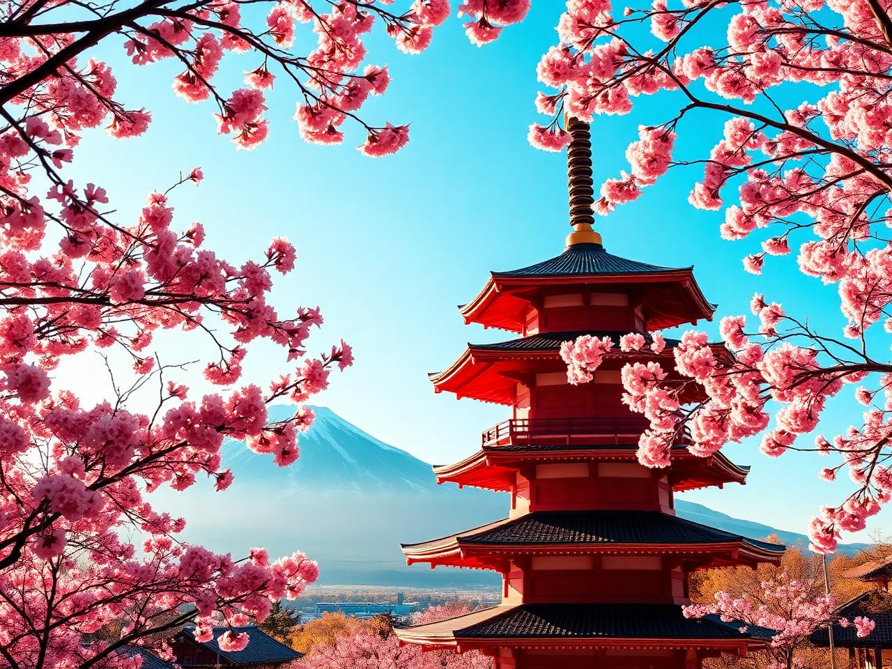 Cherry blossoms with Mt Fuji at Chureito Pagoda