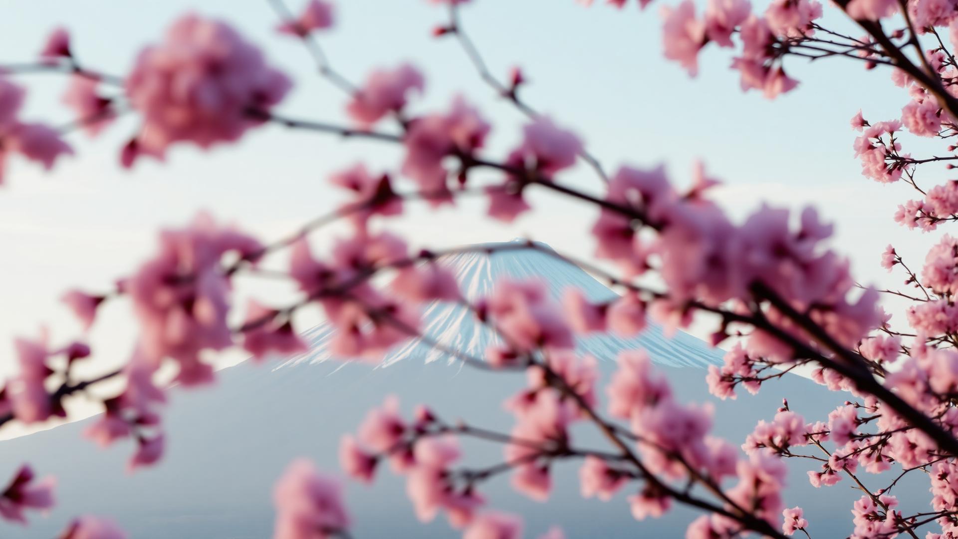 Pink cherry blossoms framing a snow-capped Mount Fuji at dawn