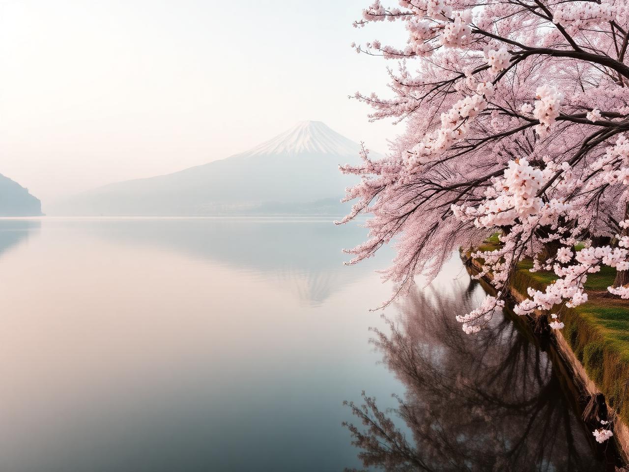 Cherry blossoms with Mt Fuji at Lake Kawaguchi north shore