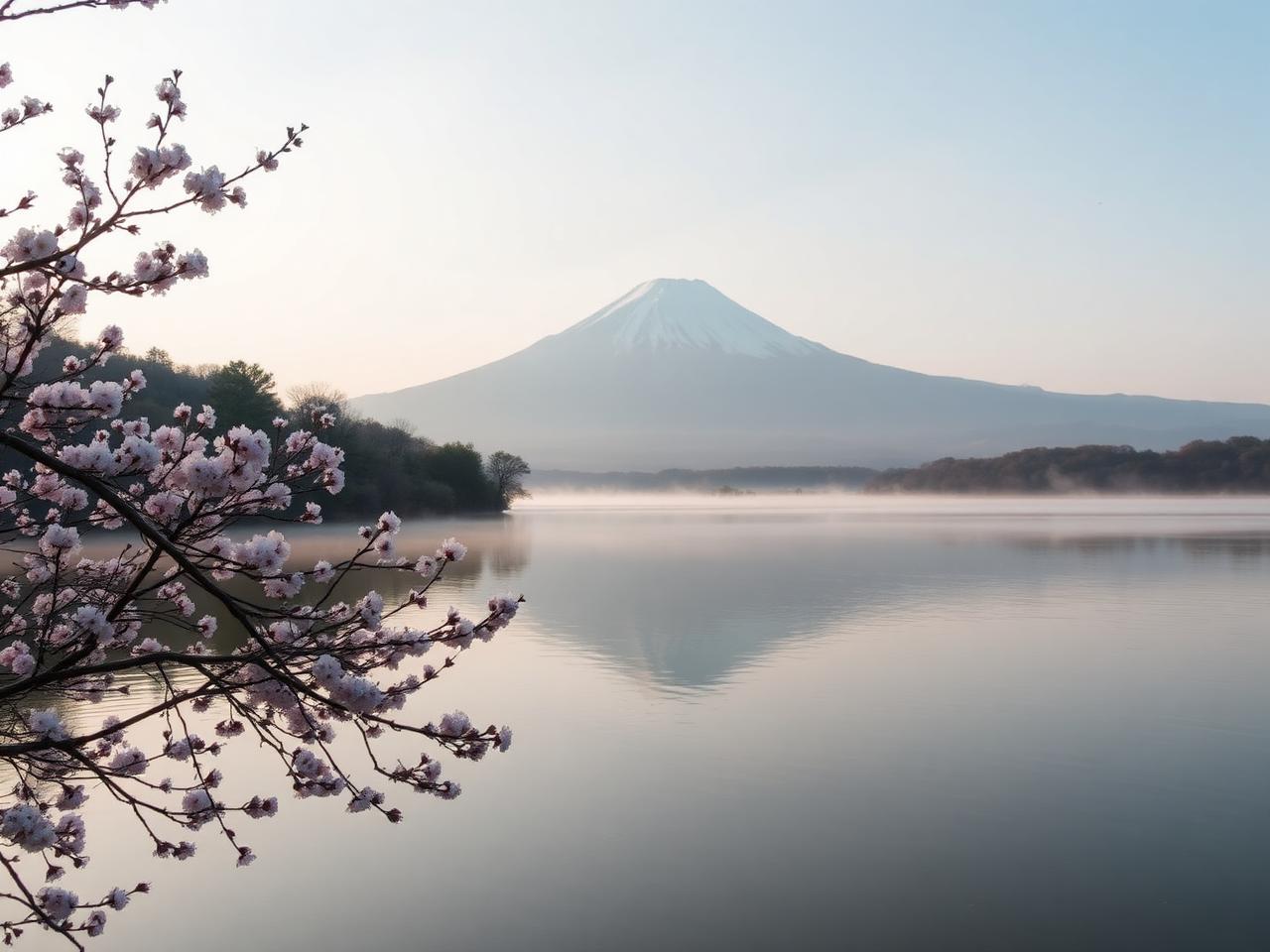 Cherry blossoms with Mt Fuji at Lake Tanuki