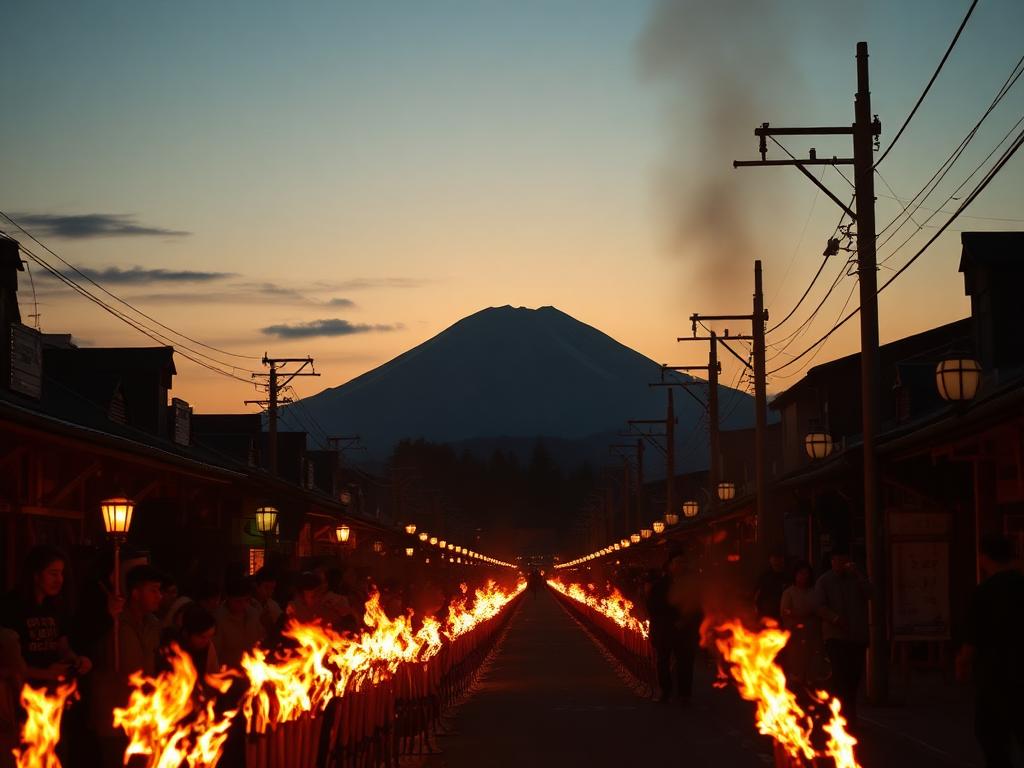 Yoshida-no-Hi Matsuri with Mount Fuji